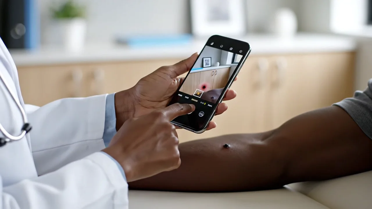 Clinician photographing a skin lesion on a patient's arm with a smartphone, the lesion framed in the camera viewfinder